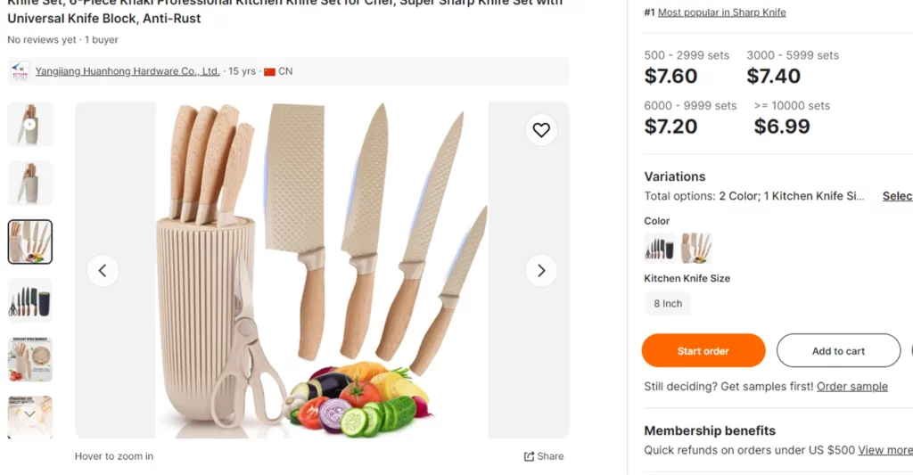 Sales example listing of a kitchen knife set